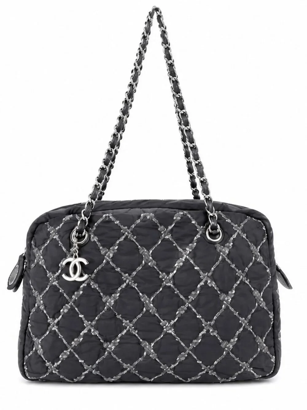 Chanel Tweed On Stitch Bubble Bowling Bag Black Nylon SHW Chain Shoulder Bag